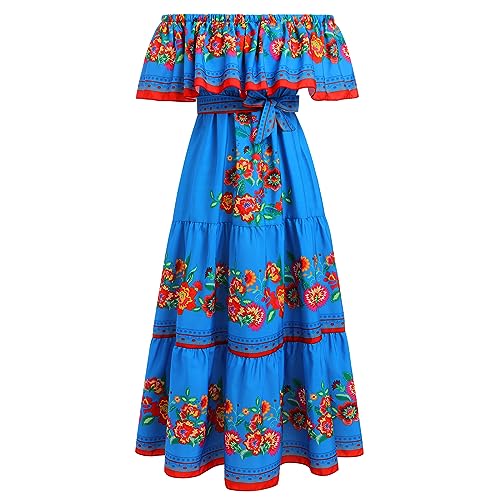 IKADEX Women Mexican Dress Off Shoulder Floral Long Maxi Dress Summer Beach Party Cinco de Mayo Dresses Blue 3XL - Image 1