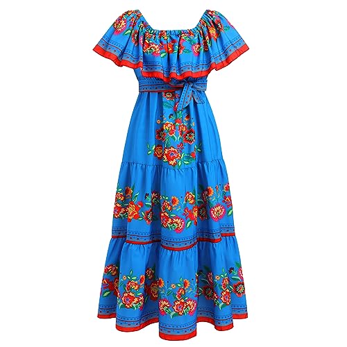 IKADEX Women Mexican Dress Off Shoulder Floral Long Maxi Dress Summer Beach Party Cinco de Mayo Dresses Blue 3XL - Image 3