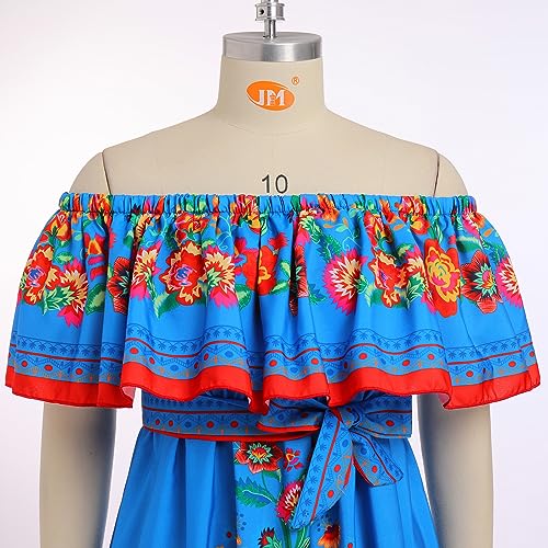 IKADEX Women Mexican Dress Off Shoulder Floral Long Maxi Dress Summer Beach Party Cinco de Mayo Dresses Blue 3XL - Image 5