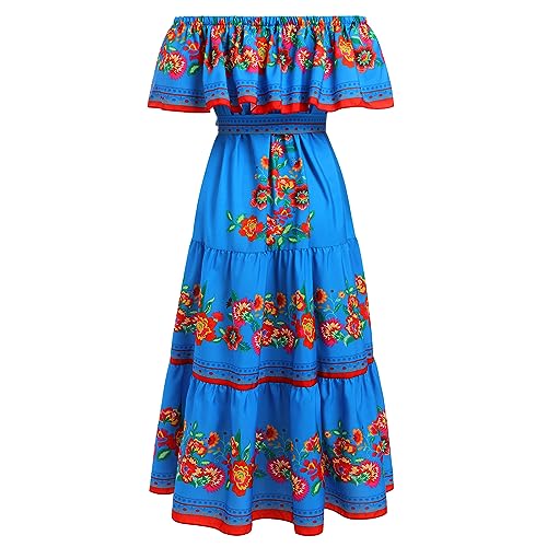 IKADEX Women Mexican Dress Off Shoulder Floral Long Maxi Dress Summer Beach Party Cinco de Mayo Dresses Blue 3XL - Image 4