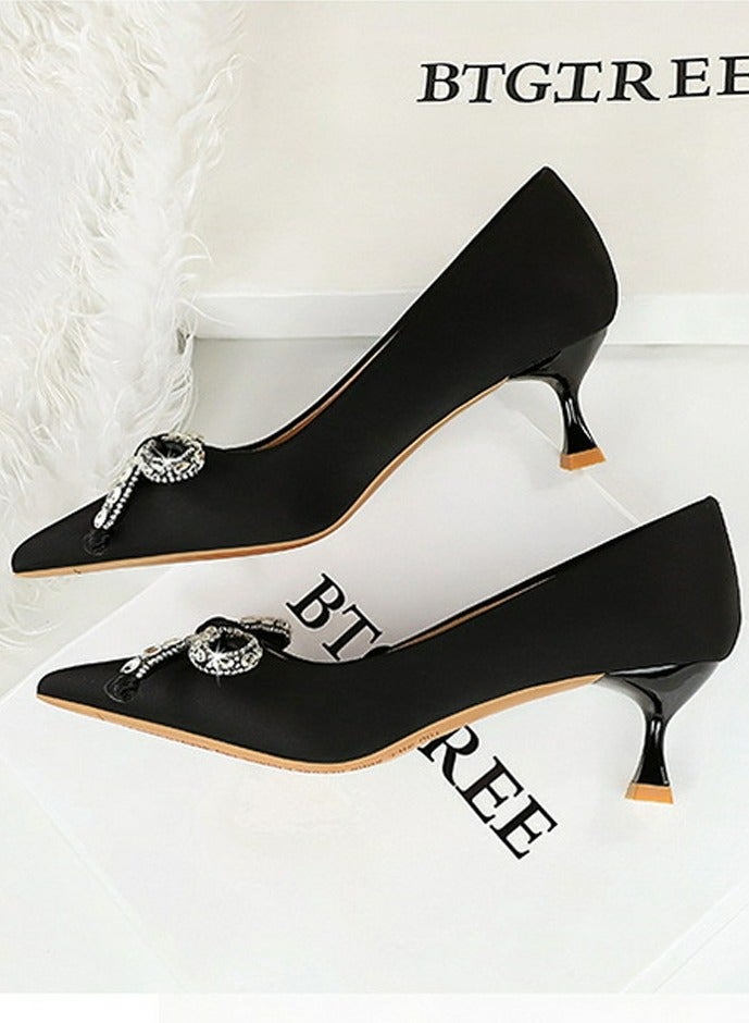 BIGTREE Women's Elegant Bowknot Party Stiletto Pumps Satin Pointed Closed Toe High Heels 5CM Black - Image 3