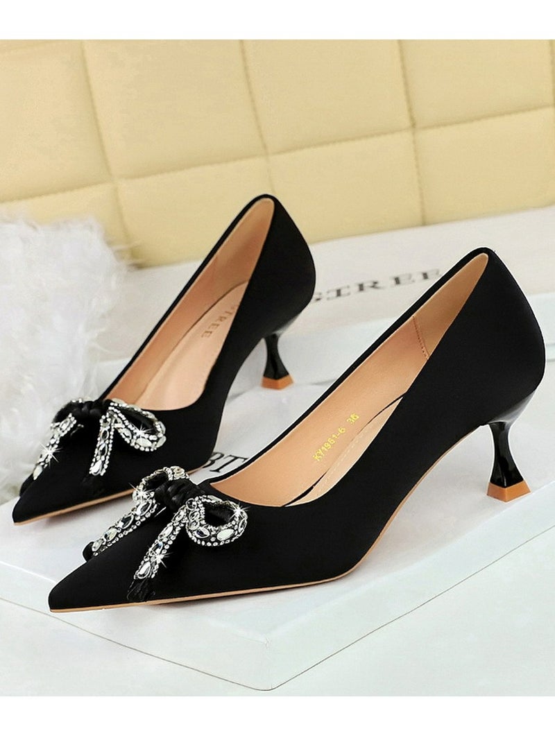 BIGTREE Women's Elegant Bowknot Party Stiletto Pumps Satin Pointed Closed Toe High Heels 5CM Black - Image 1