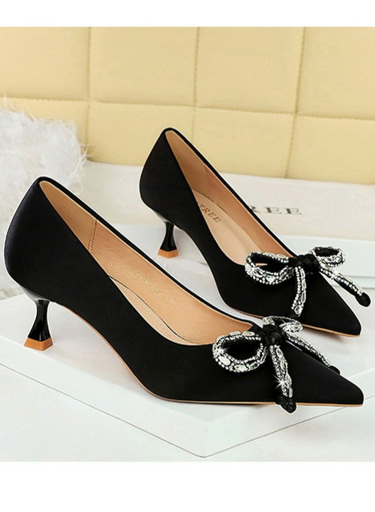 BIGTREE Women's Elegant Bowknot Party Stiletto Pumps Satin Pointed Closed Toe High Heels 5CM Black - Image 2