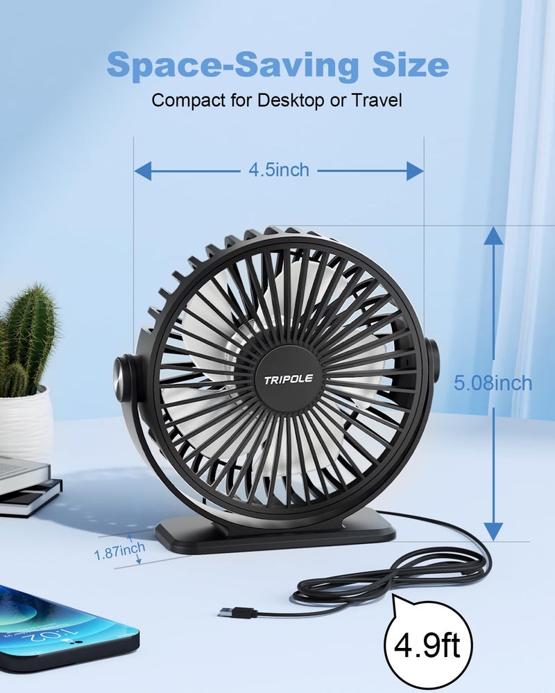 TriPole Desk Fan USB Powered Small Portable Fan, 3 Speeds Adjustable Strong Breeze Mini Personal Fans, 360 Rotation Quiet Plug In USB Fans for Desktop Bedroom Office Table Travel, Black, 4.9ft Cable - Image 3