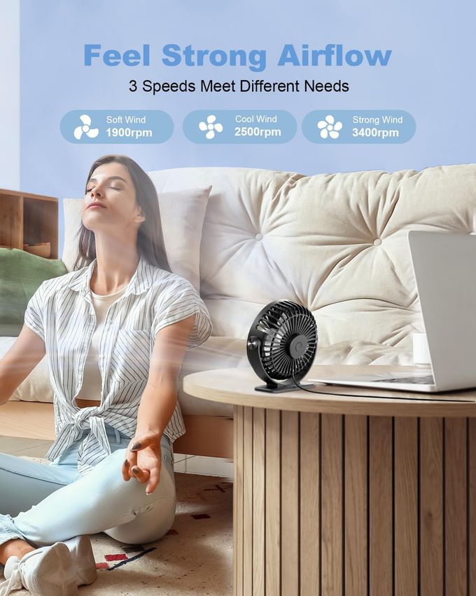 TriPole Desk Fan USB Powered Small Portable Fan, 3 Speeds Adjustable Strong Breeze Mini Personal Fans, 360 Rotation Quiet Plug In USB Fans for Desktop Bedroom Office Table Travel, Black, 4.9ft Cable - Image 2
