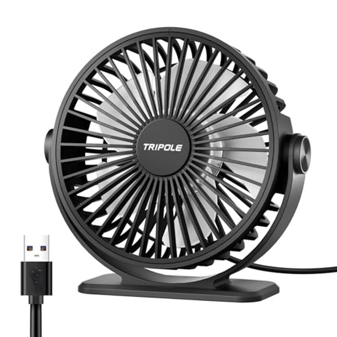 TriPole Desk Fan USB Powered Small Portable Fan, 3 Speeds Adjustable Strong Breeze Mini Personal Fans, 360 Rotation Quiet Plug In USB Fans for Desktop Bedroom Office Table Travel, Black, 4.9ft Cable - Image 1