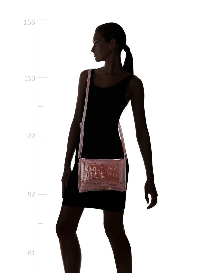 عام حقيبة جلد بقلاب بنقش فرعوني للنساء - بني - Image 4