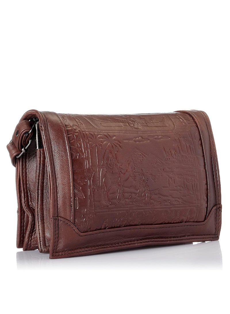 عام حقيبة جلد بقلاب بنقش فرعوني للنساء - بني - Image 2