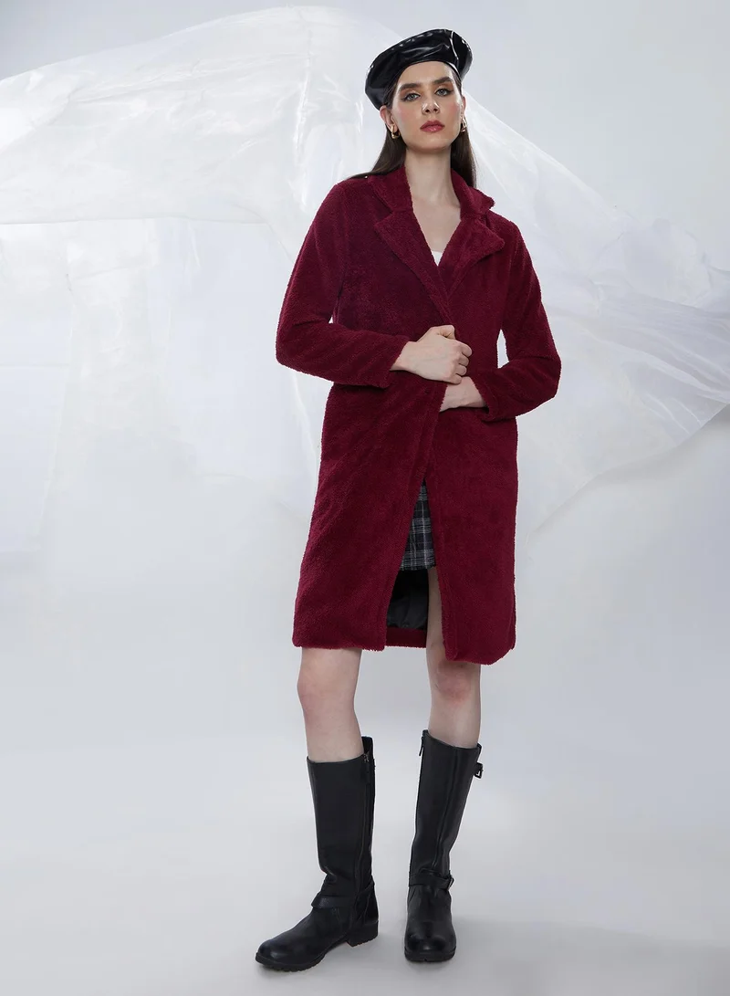 Campus Sutra Women's Burdundy Red Single-Breasted Fleece Long Coat