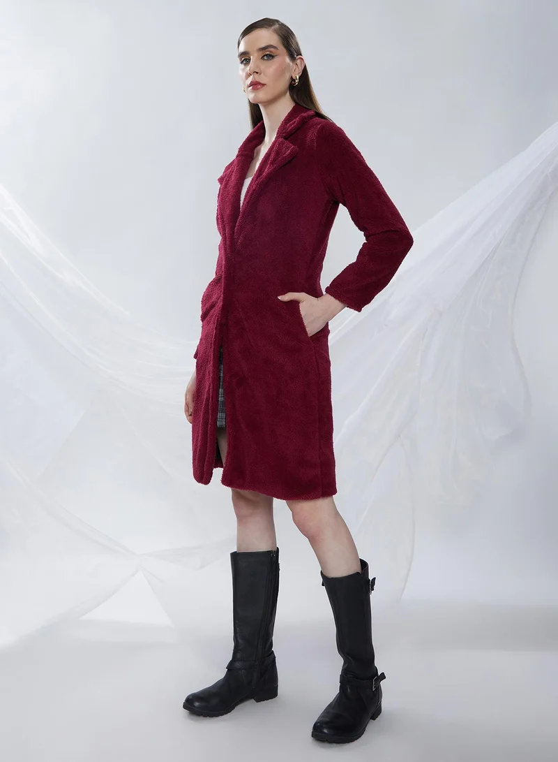 Campus Sutra Women's Burdundy Red Single-Breasted Fleece Long Coat