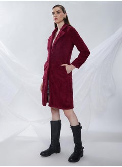 Campus Sutra Women's Burdundy Red Single-Breasted Fleece Long Coat  - Image 5
