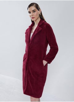 Campus Sutra Women's Burdundy Red Single-Breasted Fleece Long Coat  - Image 3