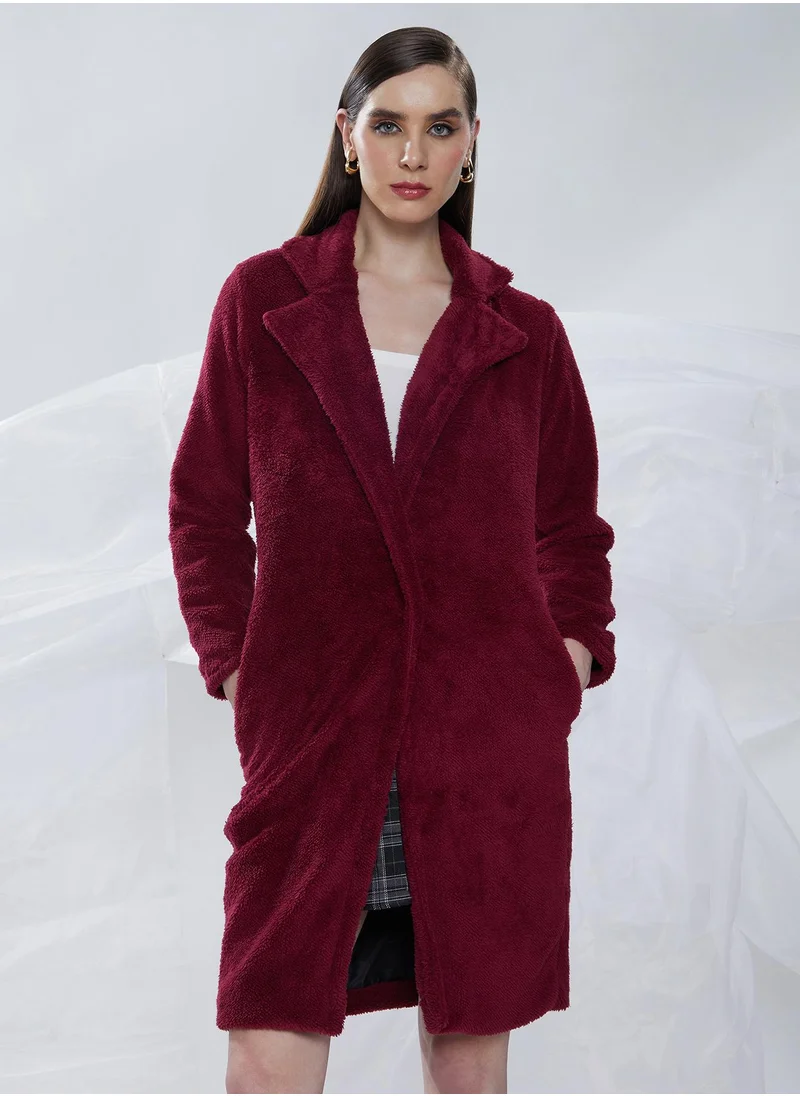كامبوس سوترا Women's Burdundy Red Single-Breasted Fleece Long Coat
