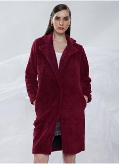 Campus Sutra Women's Burdundy Red Single-Breasted Fleece Long Coat  - Image 2