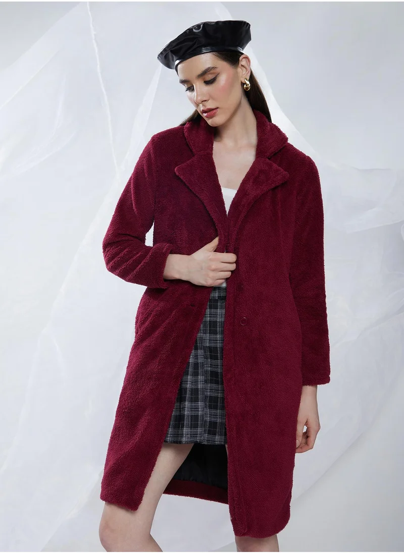 كامبوس سوترا Women's Burdundy Red Single-Breasted Fleece Long Coat