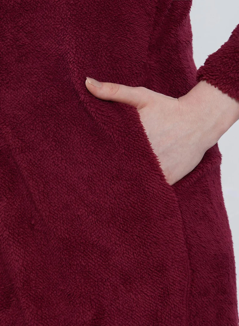 Campus Sutra Women's Burdundy Red Single-Breasted Fleece Long Coat