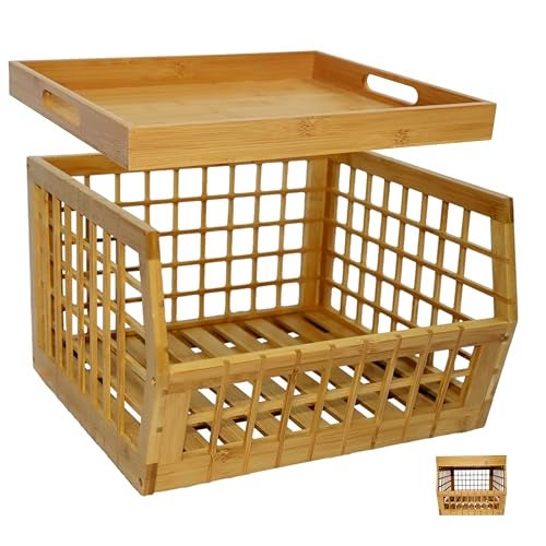 altCooking Hub Bamboo Storage Bin Multipurpose Stackable Open Front Storage Bin with Bamboo Serving Tray Lid for Kitchen Pantry Stylish Lattice Design - Image 1