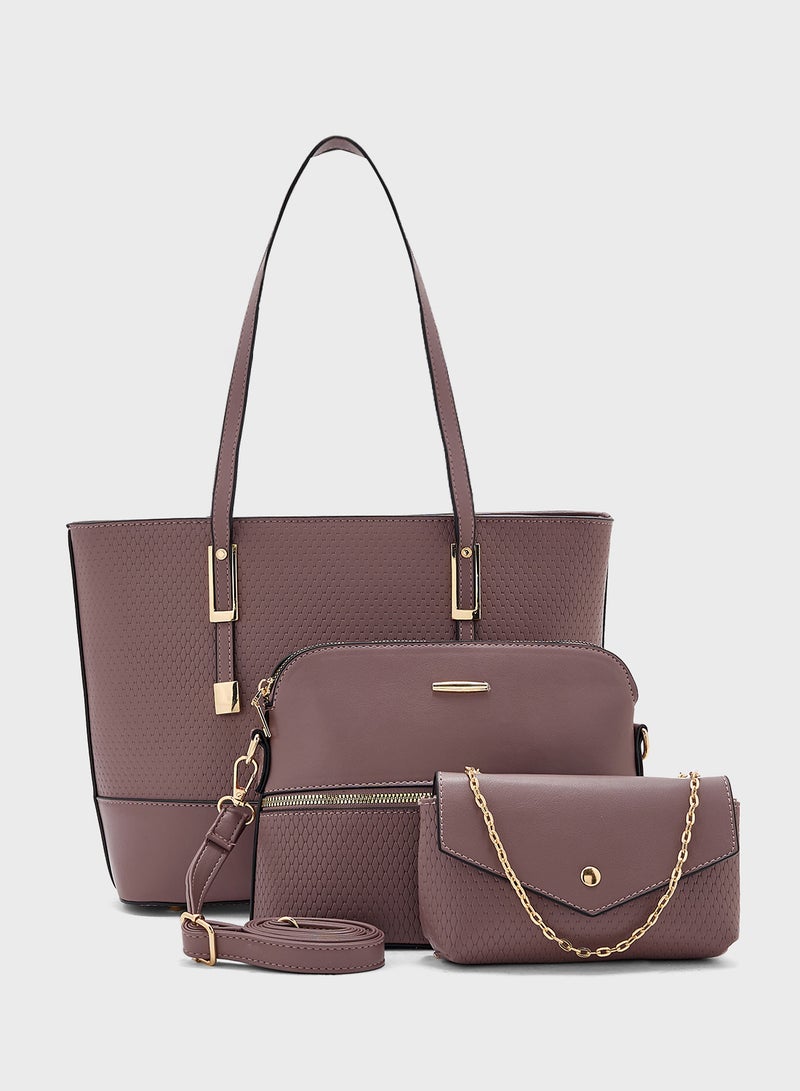 ELLA 3 In 1 Weave Textured Tote Bag With Crosssbody & Wallet - Image 1