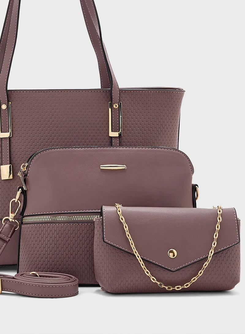 ELLA 3 In 1 Weave Textured Tote Bag With Crosssbody & Wallet