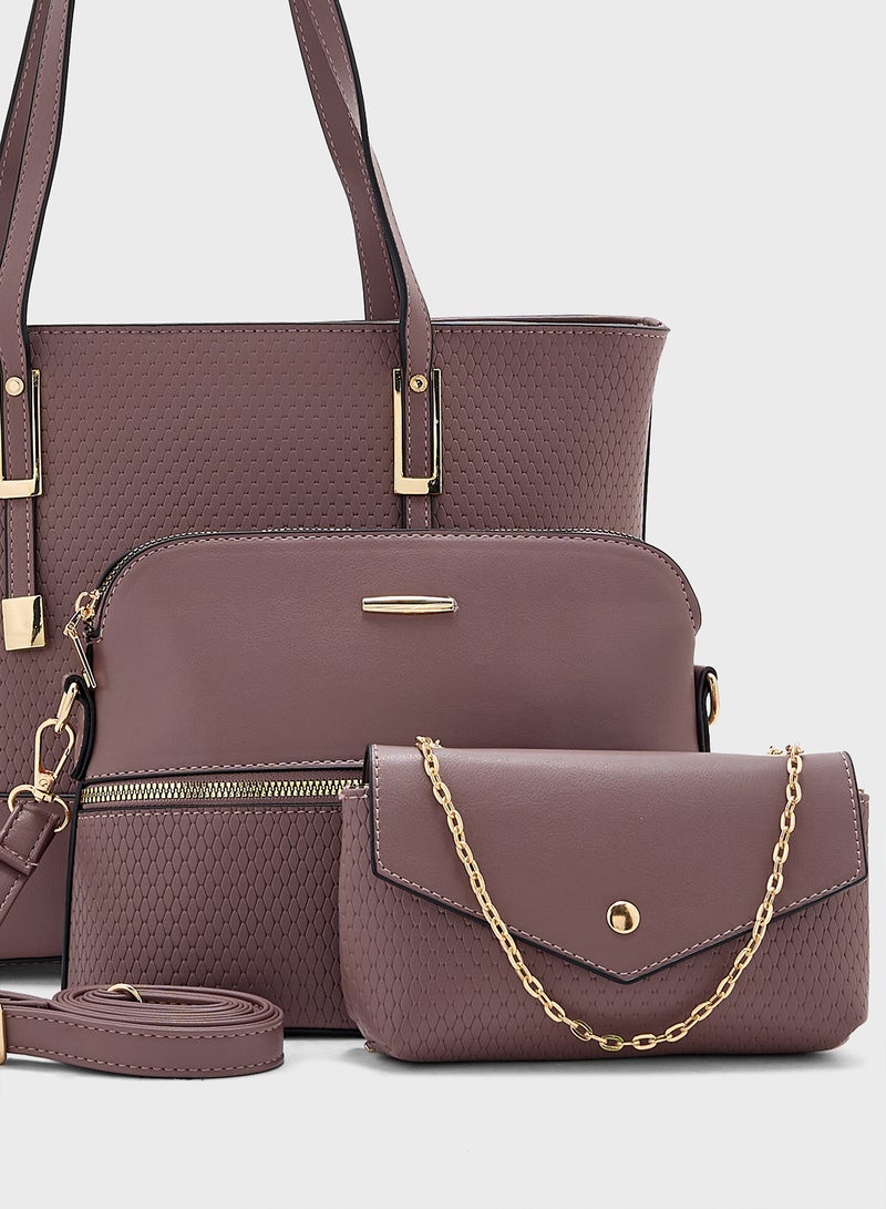 ELLA 3 In 1 Weave Textured Tote Bag With Crosssbody & Wallet - Image 5