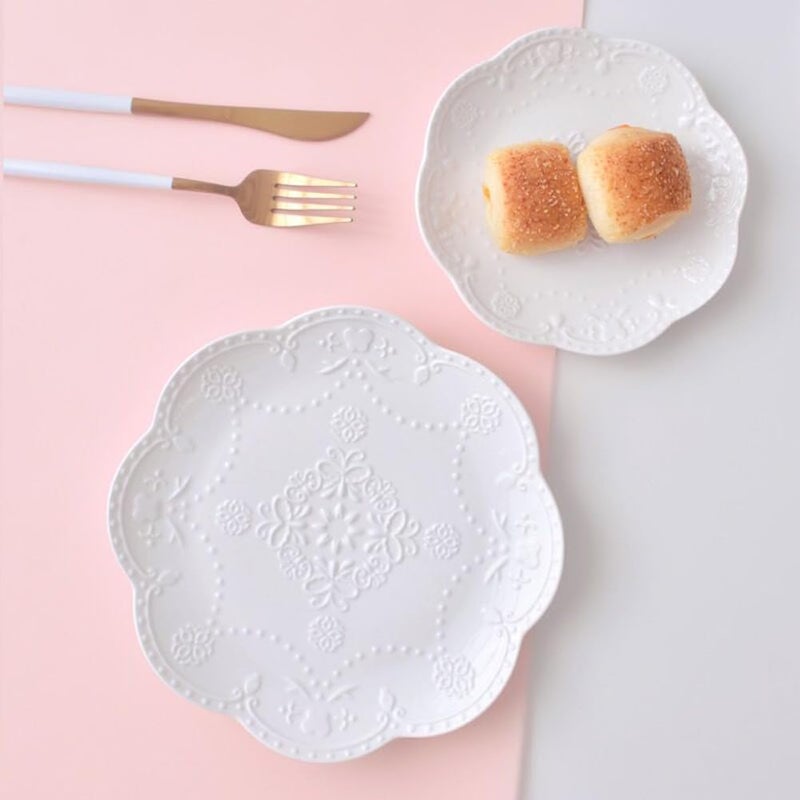 Eplze YBK Tech Elegant Round Embossed Lace Plate, Ceramic Serving Plate for Breakfast Afternoon Tea (White, 6-inch) - Image 4