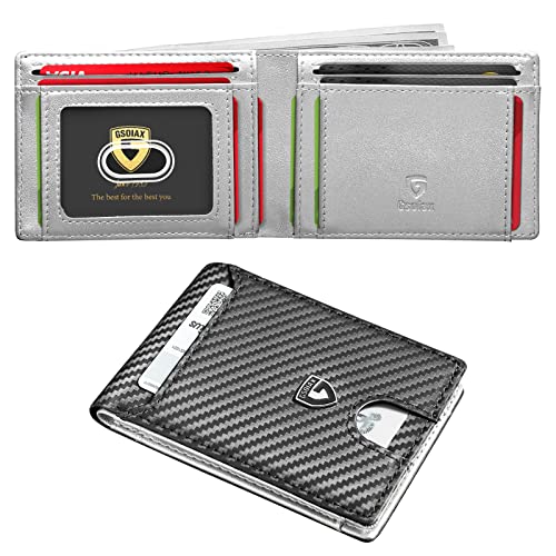 GSOIAX Slim Wallet for Men RFID Blocking Bifold Wallet Carbon Fiber Front Pocket Wallet with 11 Card Holder Minimalist Mens Wallet with Gift Box(Carbon Fiber and Sliver) - Image 1