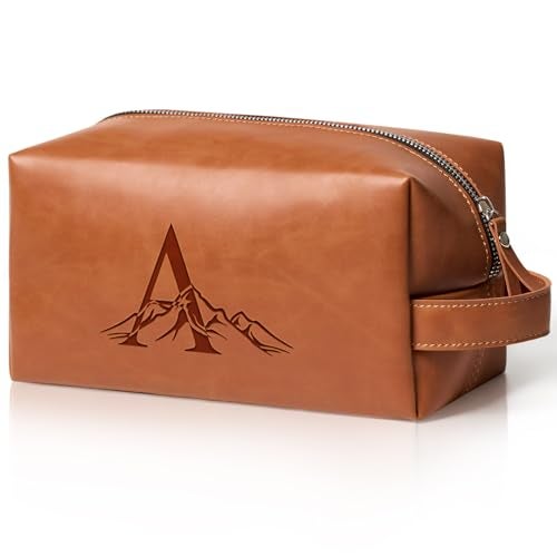 Aganmi Personalized Gifts Travel Toiletry Bag for Men Engraved Initial PU Leather Waterproof Shaving Bag for Toiletries Accessories Fathers Day Birthday Gift for Men Dad Husband Son Light Brown A - Image 1