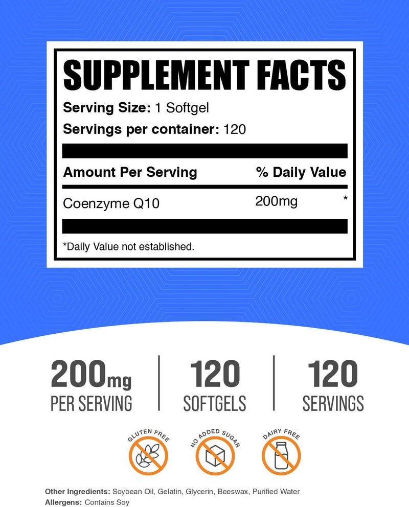 BulkSupplementscom CoQ10 200mg Softgels  for Heart Health Coenzyme Q10 200mg Supplement Gluten Free 1 Softgel per Serving 120 Count Pack of 1 - Image 2
