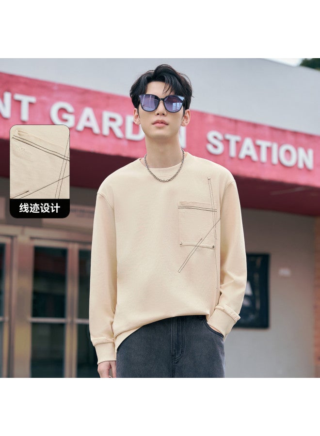 Cabbeen Artistic Stitch Long Sleeve Men's T-shirt Spring/autumn Trendy Brand Crew Neck Pure Cotton T-shirt Men's Top - Image 2