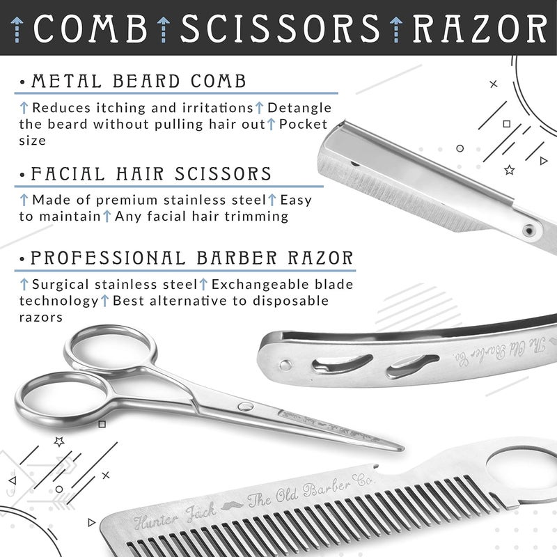 Hunter Jack Straight Razor Kit - Complete Straight Razors for Men Kit with Beard Scissors & Metal Comb - Barber Razor for Men - 10 Extra Straight Edge Razor Blades for Shaving - Premium Polished Stainless Steel - Image 2