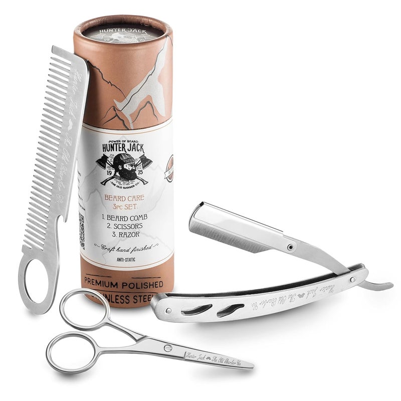 Hunter Jack Straight Razor Kit - Complete Straight Razors for Men Kit with Beard Scissors & Metal Comb - Barber Razor for Men - 10 Extra Straight Edge Razor Blades for Shaving - Premium Polished Stainless Steel - Image 1