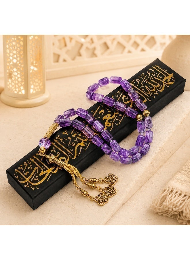 خرز الهدوء سبحة من حجر الجمشت الطبيعي عدد 33 خرزة مميزة مع علبة هدية – مسبحة إسلامية أنيقة للذكر والتأمل وتعليق السيارة – هدية مثالية لرمضان، والحج، والعيد، والأحبة - Image 3
