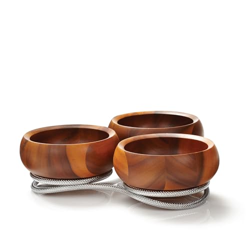 Nambe Braid Condiment Server - Modern Scandinavian Serving Set with Chrome Plate Base & Acacia Wood Bowls, Decorative Dish for Snacks, Appetizers & Tableware Organization, Designed by Sean O’Hara - Image 1