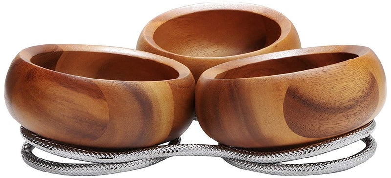 Nambe Braid Condiment Server - Modern Scandinavian Serving Set with Chrome Plate Base & Acacia Wood Bowls, Decorative Dish for Snacks, Appetizers & Tableware Organization, Designed by Sean O’Hara - Image 2