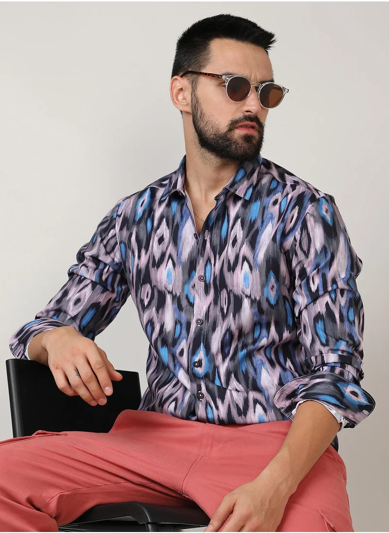 Campus Sutra Men's Sky Blue & Moon Grey Ikkat Shirt