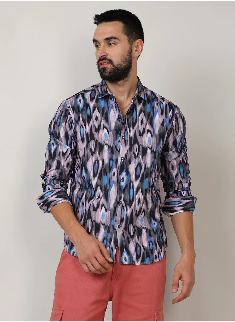 Campus Sutra Men's Sky Blue & Moon Grey Ikkat Shirt