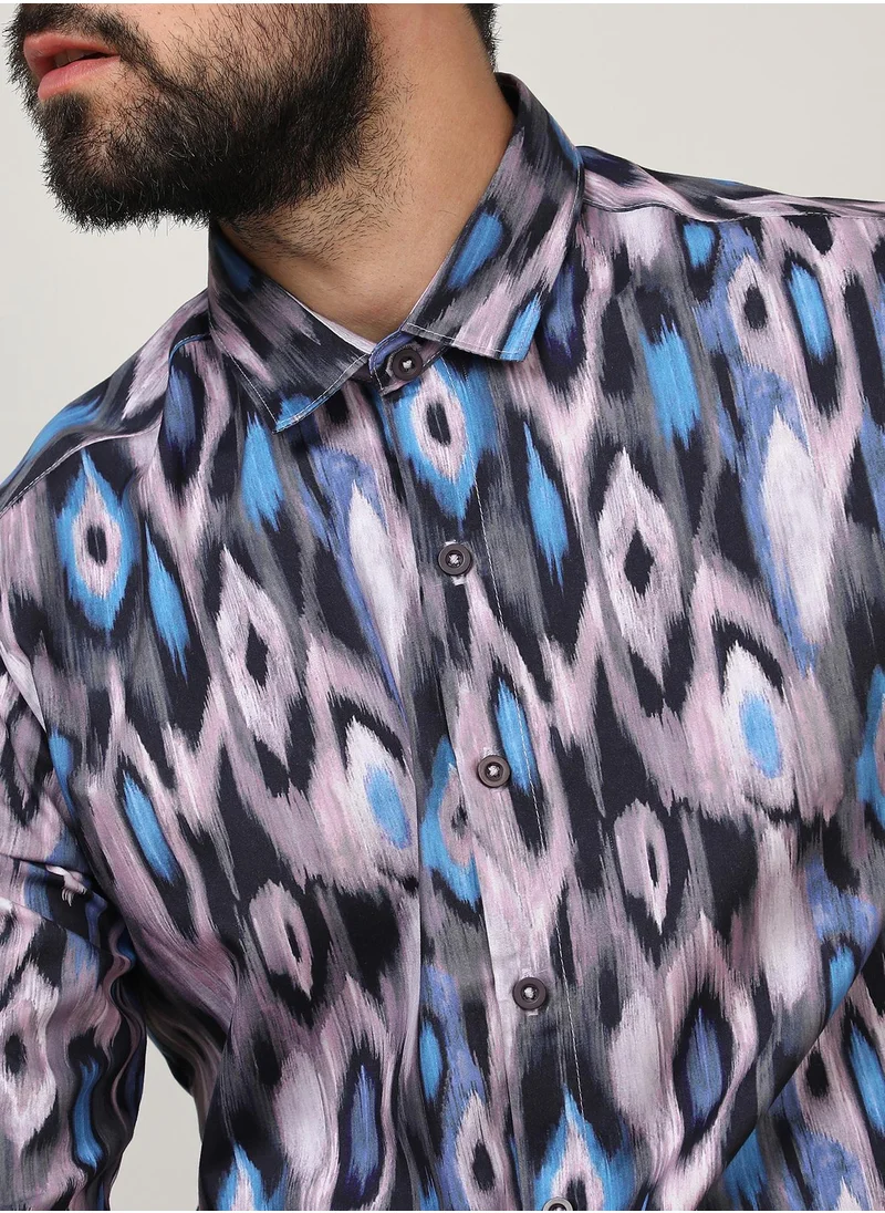 Campus Sutra Men's Sky Blue & Moon Grey Ikkat Shirt