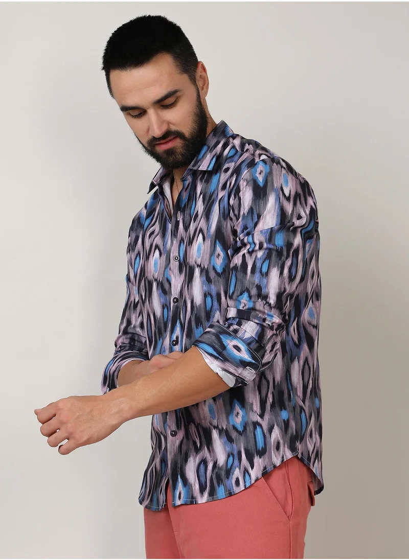 Campus Sutra Men's Sky Blue & Moon Grey Ikkat Shirt