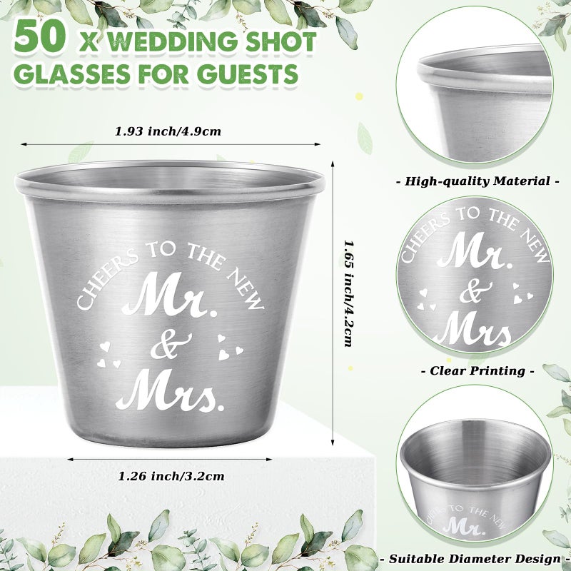 Uiifan 50 Set Wedding Favors for Guests 1.5 oz Shot Glasses with Gift Cards Bags Thank You Souvenirs for Wedding Party, Stainless Steel Cups (New Mr Mrs) - Image 2