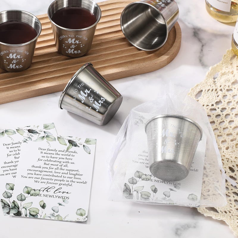 Uiifan 50 Set Wedding Favors for Guests 1.5 oz Shot Glasses with Gift Cards Bags Thank You Souvenirs for Wedding Party, Stainless Steel Cups (New Mr Mrs) - Image 4