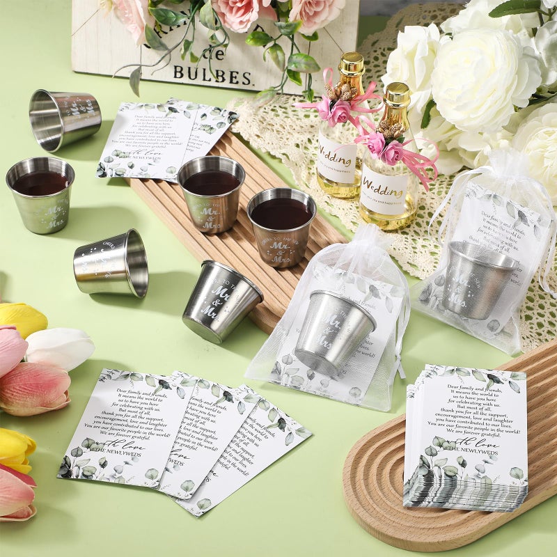 Uiifan 50 Set Wedding Favors for Guests 1.5 oz Shot Glasses with Gift Cards Bags Thank You Souvenirs for Wedding Party, Stainless Steel Cups (New Mr Mrs) - Image 5