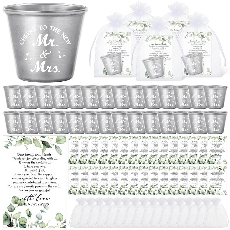 Uiifan 50 Set Wedding Favors for Guests 1.5 oz Shot Glasses with Gift Cards Bags Thank You Souvenirs for Wedding Party, Stainless Steel Cups (New Mr Mrs) - Image 1
