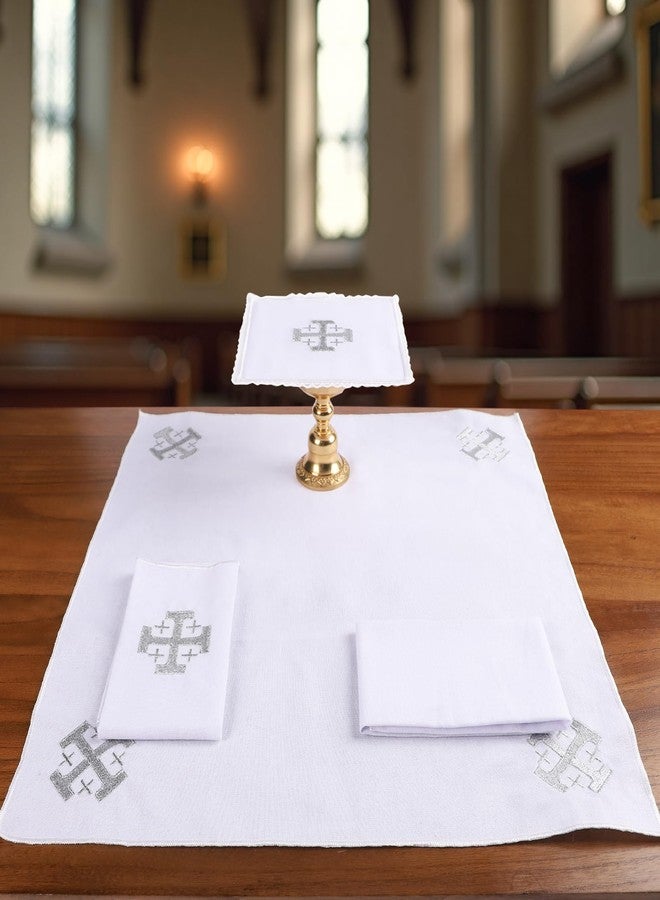 TALPGOD 4 Pack Altar Supplies Linen Corporal for Churches Set (Pall,Corporal,Purificator,Towel) White Linen Altar Cloth Silver Cross Embroidery,Mass Kit Catholic for Priest - Image 1