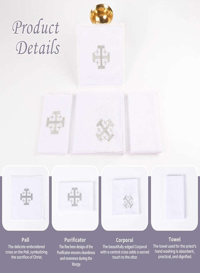 TALPGOD 4 Pack Altar Supplies Linen Corporal for Churches Set (Pall,Corporal,Purificator,Towel) White Linen Altar Cloth Silver Cross Embroidery,Mass Kit Catholic for Priest - Image 4