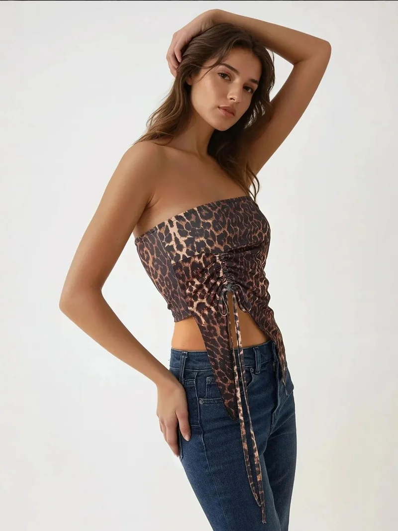HICCUP Leopard Print Strapless Fitted Printed Crop Top
