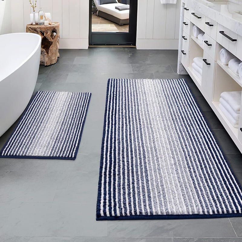 BSICPRO Bathroom Rugs and Mats Sets, 2 Piece Thick Absorbent Chenille Non Slip Soft Shaggy Floor Mats Machine Washable (20" x 47" Plus 16" x 24", Navy) - Image 1