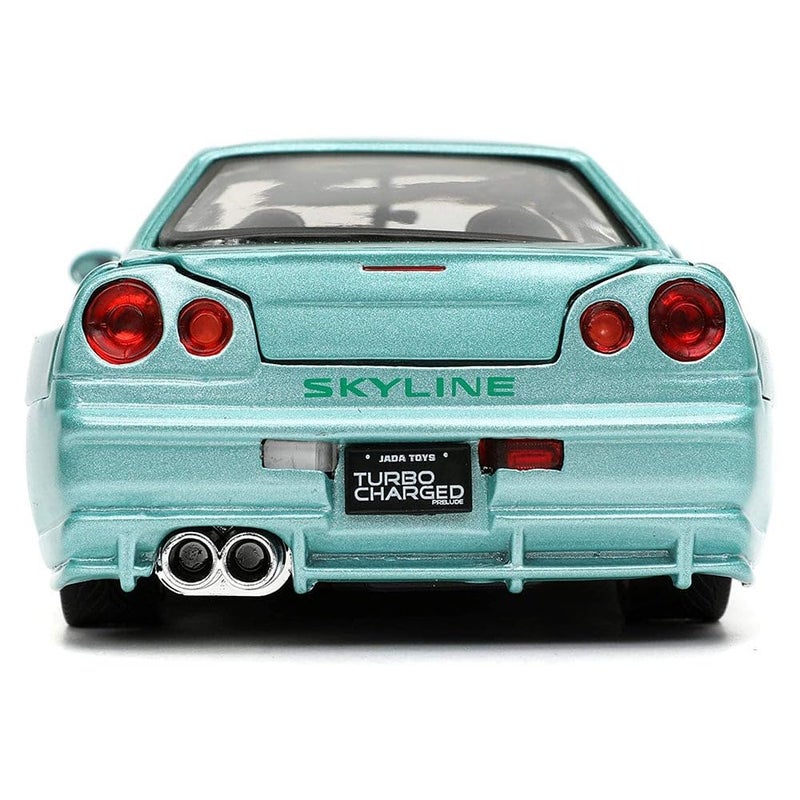 JADA لعبة جادا تويز فاست آند فيوريوس 1:24 سيارة براين 2002 نيسان سكايلاين GT-R R34 زرقاء خضراء مصنوعة من المعدن، ألعاب للأطفال والبالغين - Image 5
