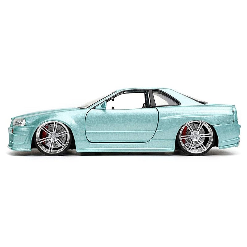 JADA لعبة جادا تويز فاست آند فيوريوس 1:24 سيارة براين 2002 نيسان سكايلاين GT-R R34 زرقاء خضراء مصنوعة من المعدن، ألعاب للأطفال والبالغين - Image 4