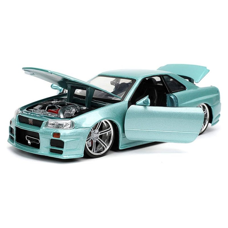 JADA لعبة جادا تويز فاست آند فيوريوس 1:24 سيارة براين 2002 نيسان سكايلاين GT-R R34 زرقاء خضراء مصنوعة من المعدن، ألعاب للأطفال والبالغين - Image 2