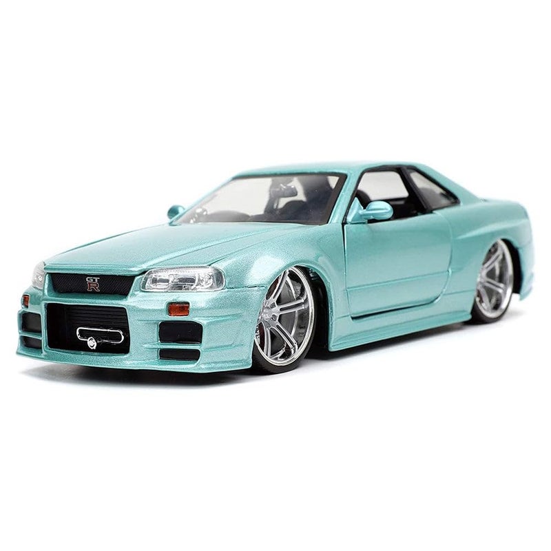 JADA لعبة جادا تويز فاست آند فيوريوس 1:24 سيارة براين 2002 نيسان سكايلاين GT-R R34 زرقاء خضراء مصنوعة من المعدن، ألعاب للأطفال والبالغين - Image 1